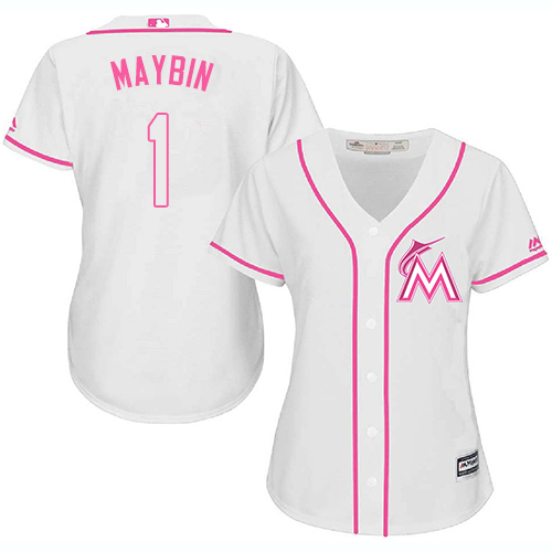 Miami Marlins #1 Cameron Maybin White Fashion Women's Stitched Baseball Pink Jersey