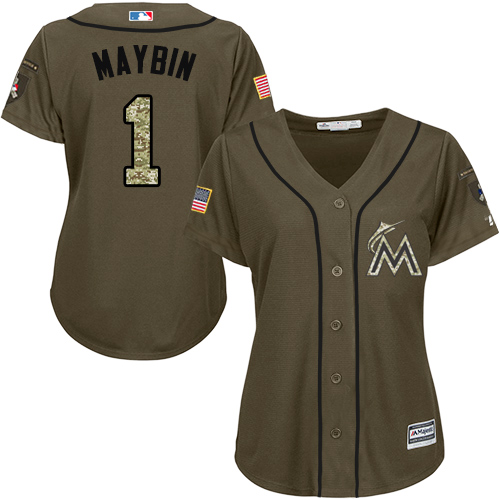 Miami Marlins #1 Cameron Maybin Salute to Service Women's Stitched Baseball Green Jersey