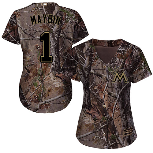 Miami Marlins #1 Cameron Maybin Realtree Collection Cool Base Women's Stitched Baseball Camo Jersey