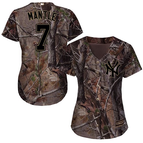 New York Yankees #7 Mickey Mantle Realtree Collection Cool Base Women's Stitched Baseball Camo Jersey