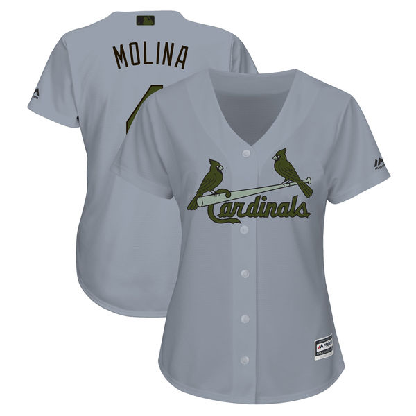St. Louis Cardinals #4 Yadier Molina Women 2018 Memorial Day Cool Base Gray Jersey