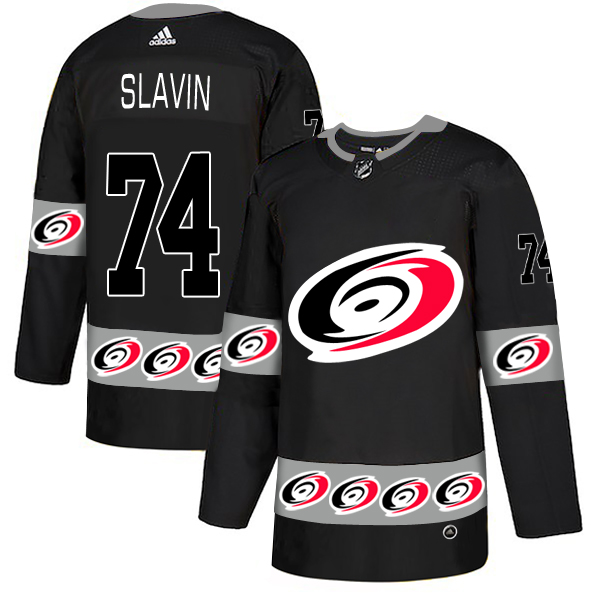 Men's Carolina Hurricanes #74 Jaccob Slavin Black Team Logos Adidas Fashion Jersey