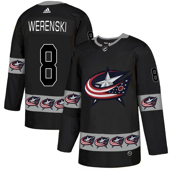 Men's Columbus Blue Jackets #8 Zach Werenski Black Team Logos Adidas Fashion Jersey