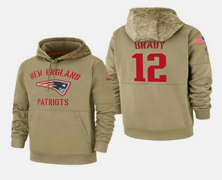 Men's New England Patriots #12 Tom Brady Nike Tan 2019 Salute To Service Name & Number Sideline Therma Pullover Hoodie
