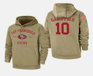 Men's San Francisco 49ers #10 Jimmy Garoppolo Nike Tan 2019 Salute To Service Name & Number Sideline Therma Pullover Hoodie