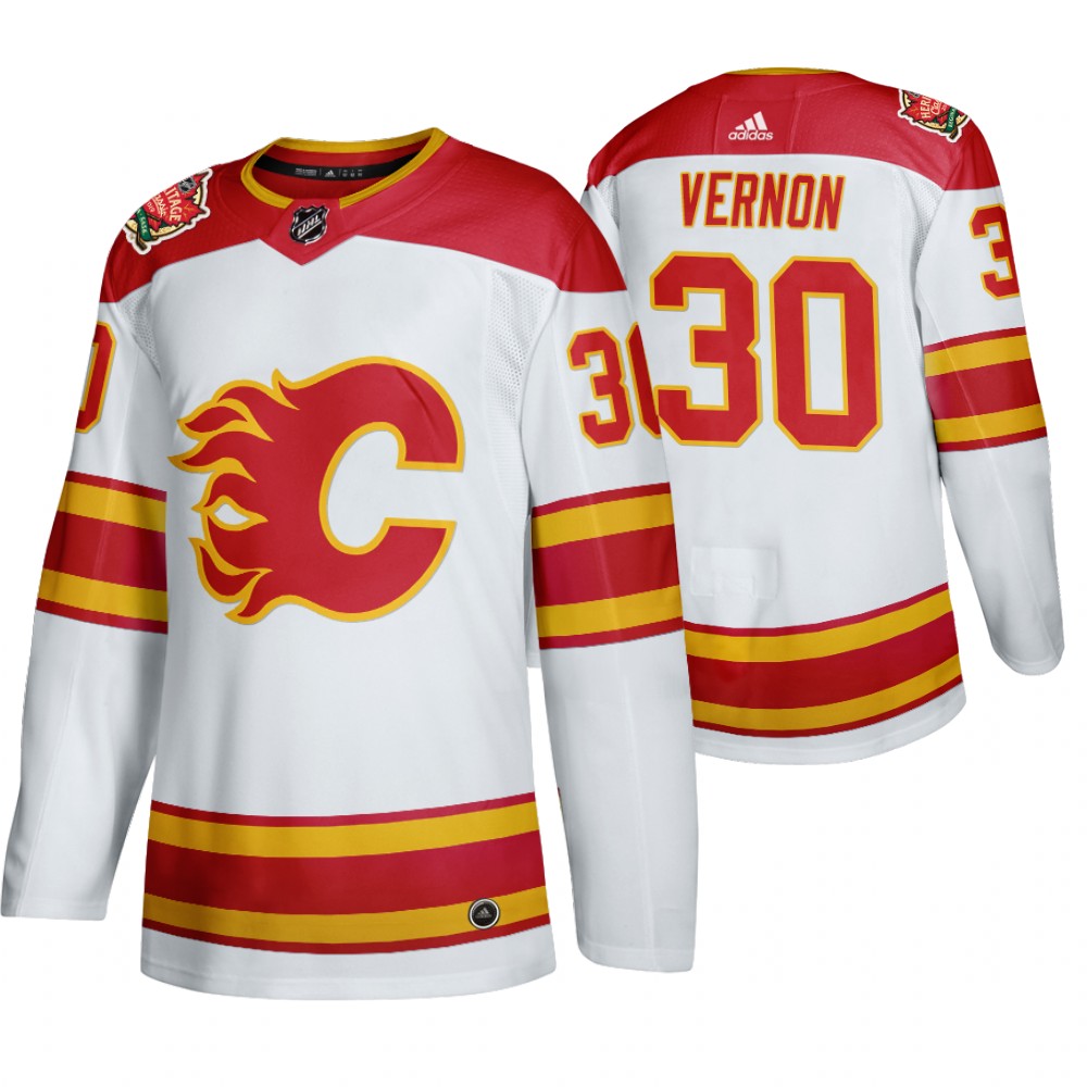 Men's Calgary Flames #30 Mike Vernon 2019 Heritage Classic Authentic White Jersey