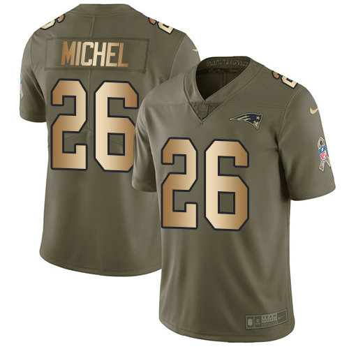 Youth Nike Patriots #26 Sony Michel Olive Gold Stitched NFL Limited 2017 Salute to Service Jersey