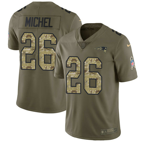 Youth Nike Patriots #26 Sony Michel Olive Camo Stitched NFL Limited 2017 Salute To Service Jersey