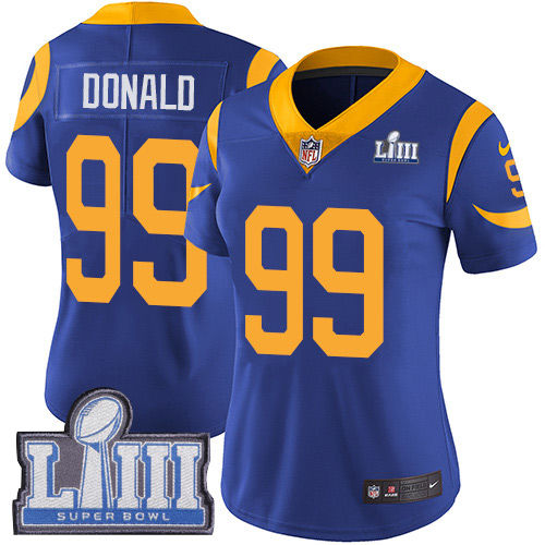 Nike Rams #99 Aaron Donald Royal Women 2019 Super Bowl LIII Vapor Untouchable Limited Jersey