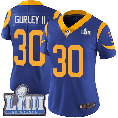 Nike Rams #30 Todd Gurley II Royal Women 2019 Super Bowl LIII Vapor Untouchable Limited Jersey