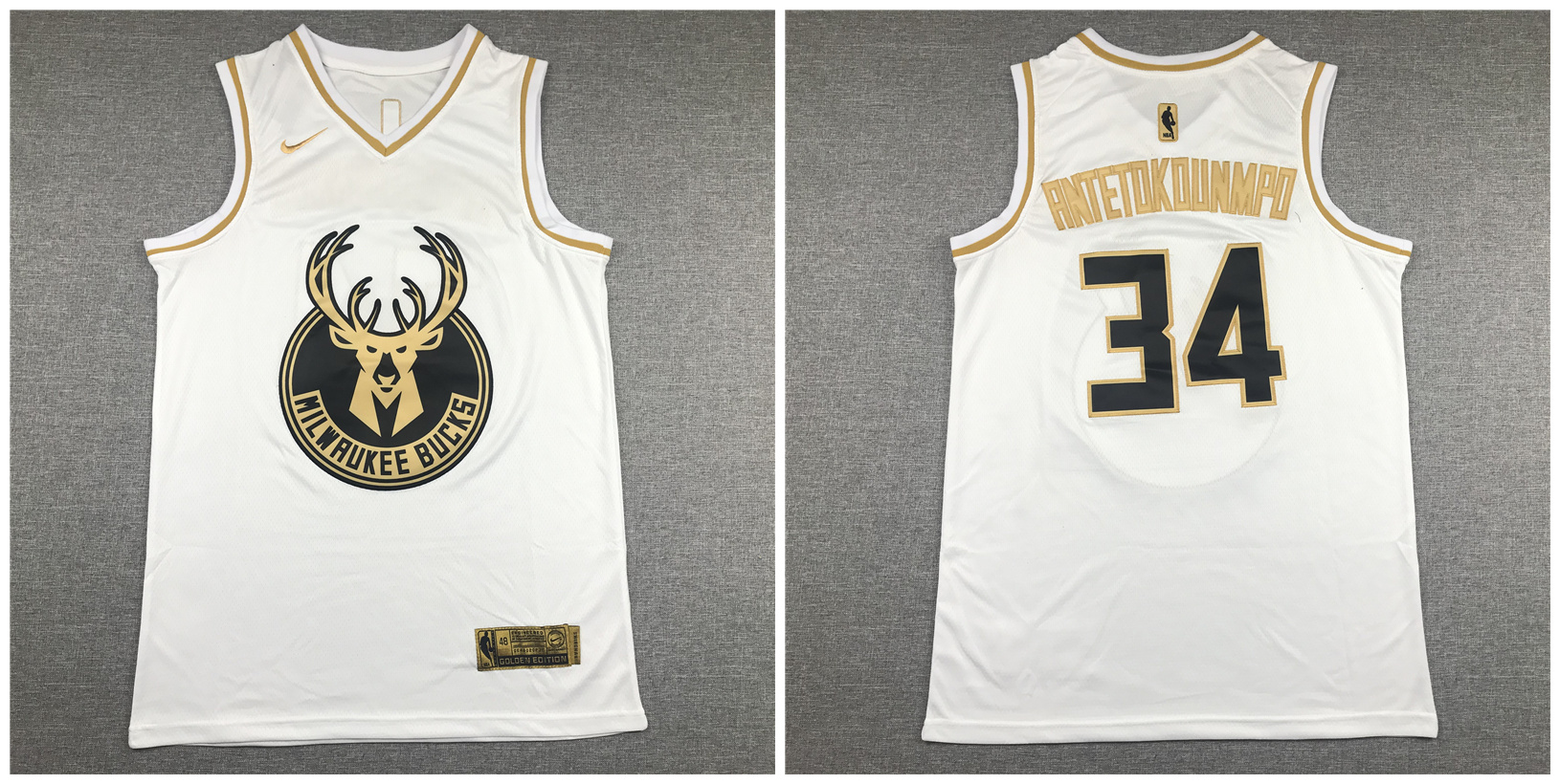 Bucks #34 Giannis Antetokounmpo White Gold Nike Swingman Jersey