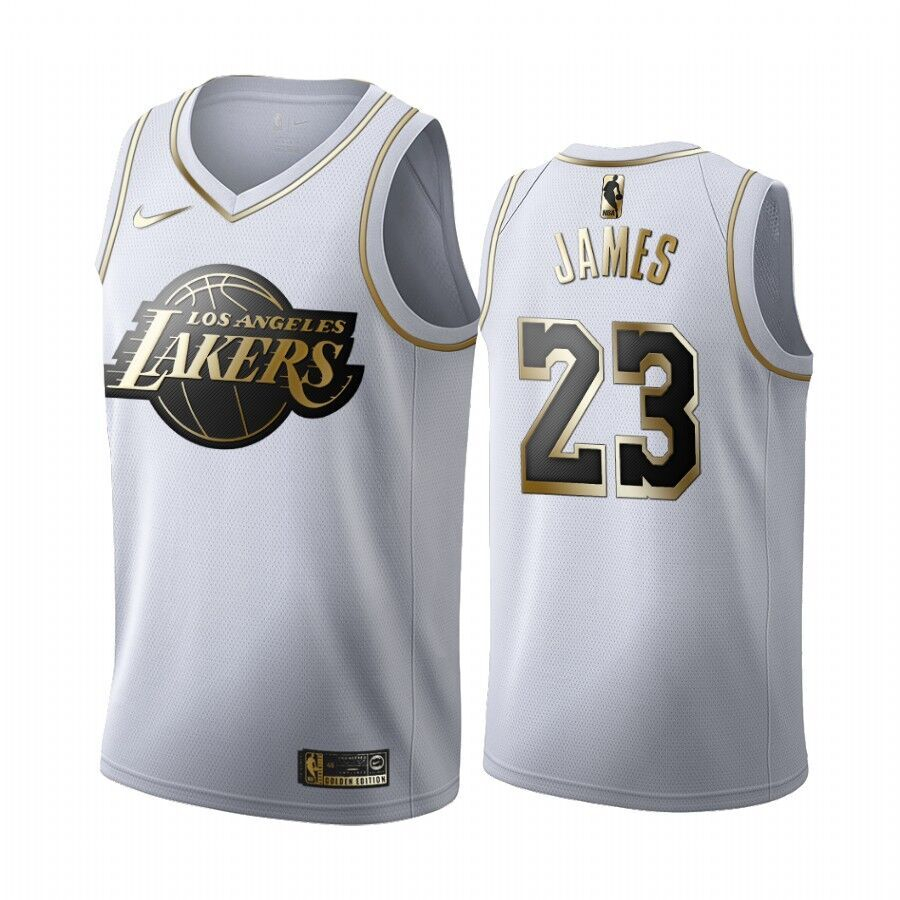 Lakers #23 Lebron James White Gold Nike Swingman Jersey
