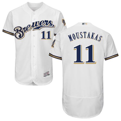 Brewers #11 Mike Moustakas White Strip Flexbase Authentic Collection Stitched MLB Jersey