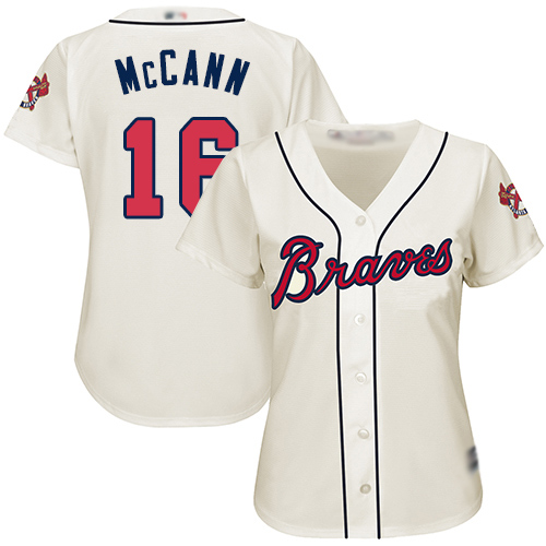 Braves #16 Brian McCann Cream Alternate Women's Stitched MLB Jersey