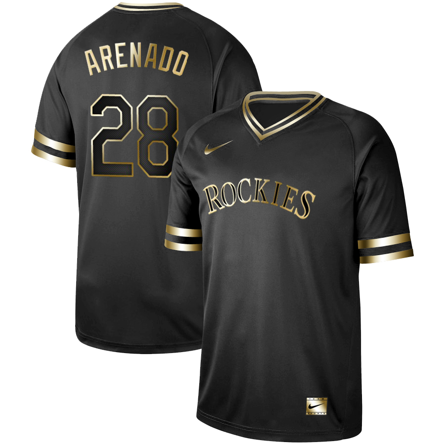 Rockies #28 Nolan Arenado Black Gold Nike Cooperstown Collection Legend V Neck Jersey