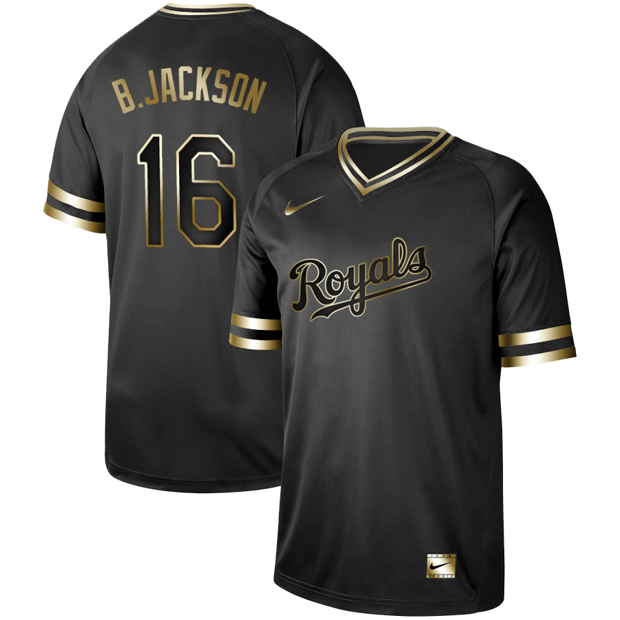 Royals #16 Bo Jackson Black Gold Nike Cooperstown Collection Legend V Neck Jersey