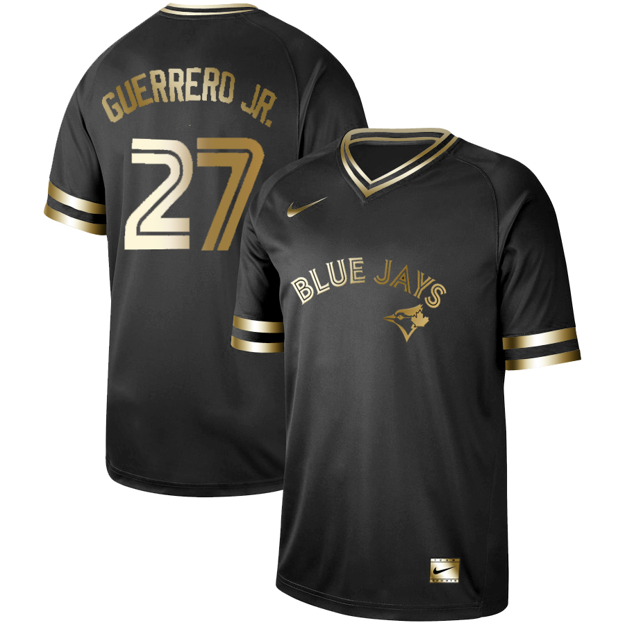 Blue Jays #27 Vladimir Guerrero Jr. Black Gold Nike Cooperstown Collection Legend V Neck
