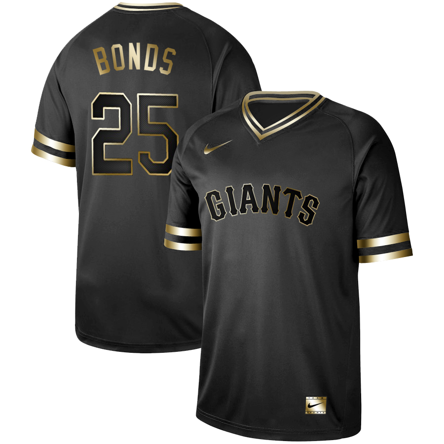 Giants #25 Barry Bonds Black Gold Nike Cooperstown Collection Legend V Neck Jersey