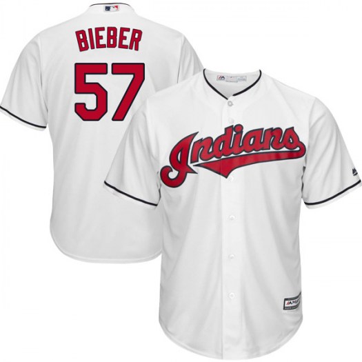 Men's Majestic #57 Shane Bieber Cleveland Indians Replica White Cool Base