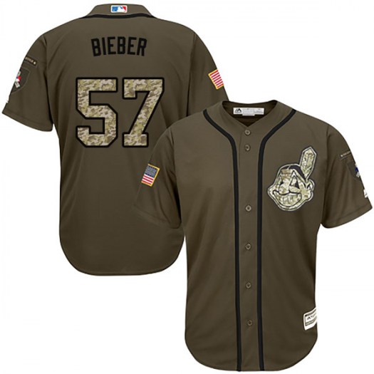 Men's Majestic #57 Shane Bieber Cleveland Indians Replica Green Salute to