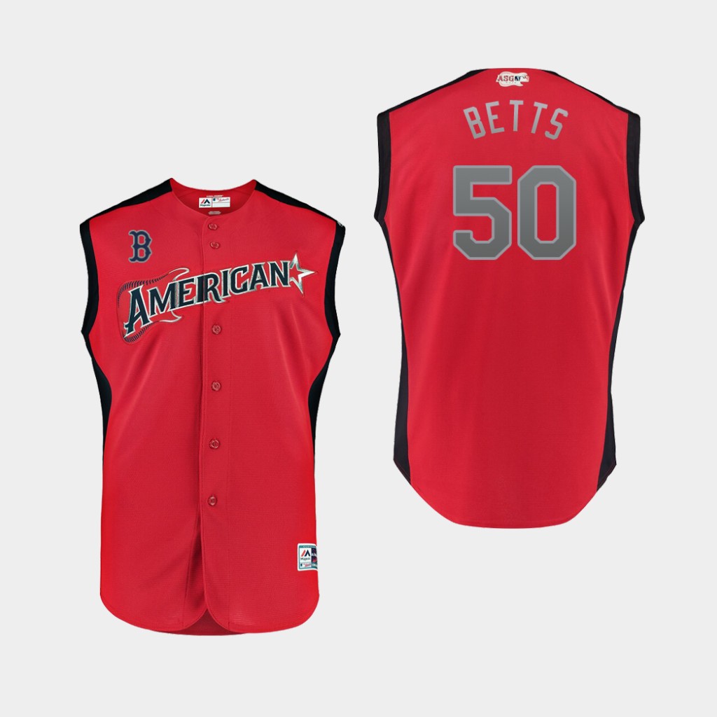 American League 50 Mookie Betts Red 2019 MLB All-Star Game Workout Player Jersey