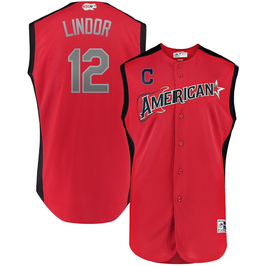 American League 12 Francisco Lindor Red 2019 MLB All-Star Game Workout Player Jersey
