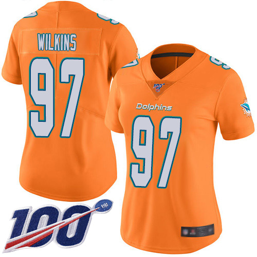 Nike Dolphins #97 Christian Wilkins Orange Women's Stitched NFL Limited Rush 100th Season JerseyNike Dolphins #97 Christian Wilkins Orange Women's Stitched NFL Limited Rush 100th Season Jersey