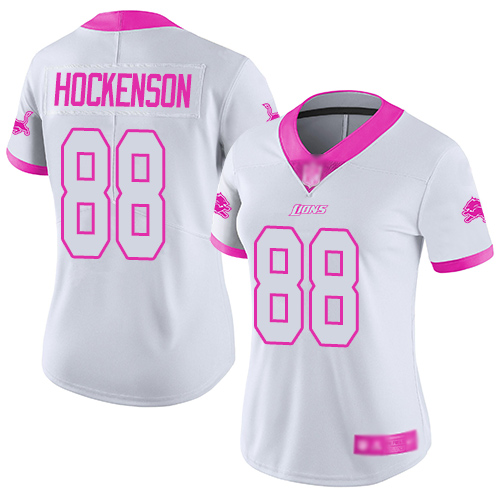 Nike Lions #88 T.J. Hockenson White Pink Women's Stitched Football Limited Rush Fashion Jersey