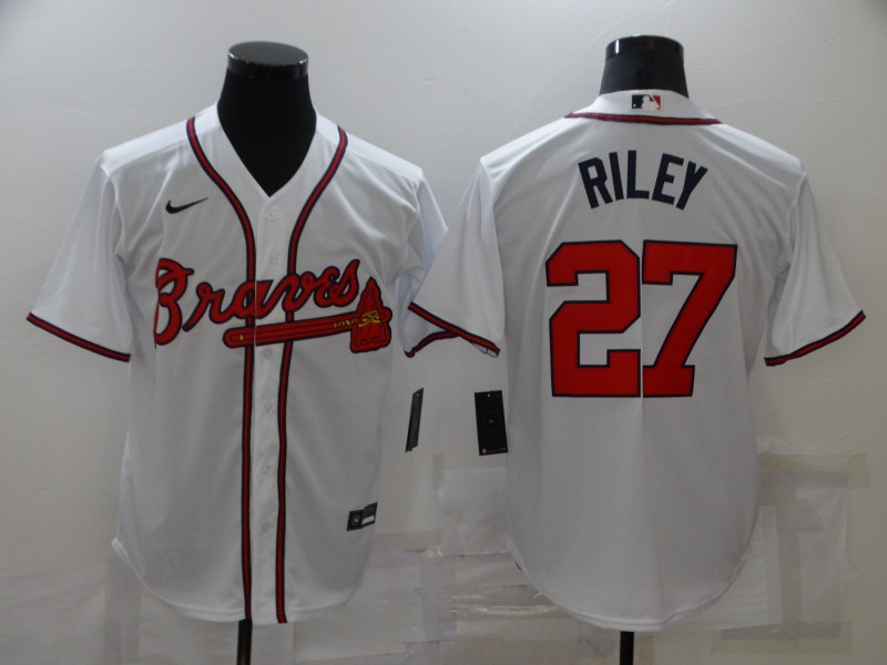 Men's Atlanta Braves Austin Riley #27 White 2021 World Series Champions Patch Nike Jersey.