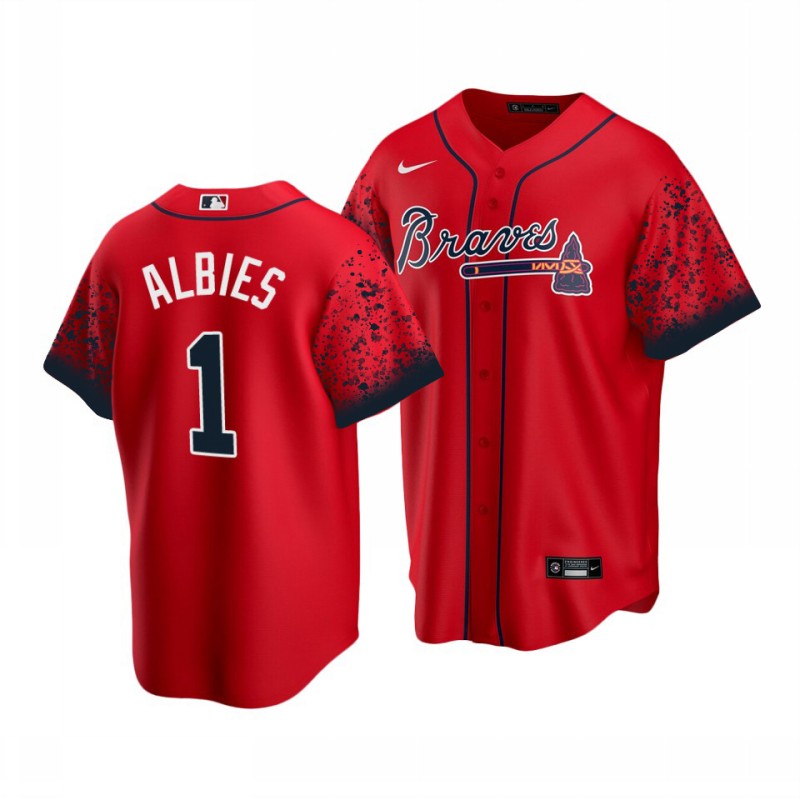 Men's Atlanta Braves Ozzie Albies #1 Navy Red Stitched MLB 2021 Game Nike Jersey.