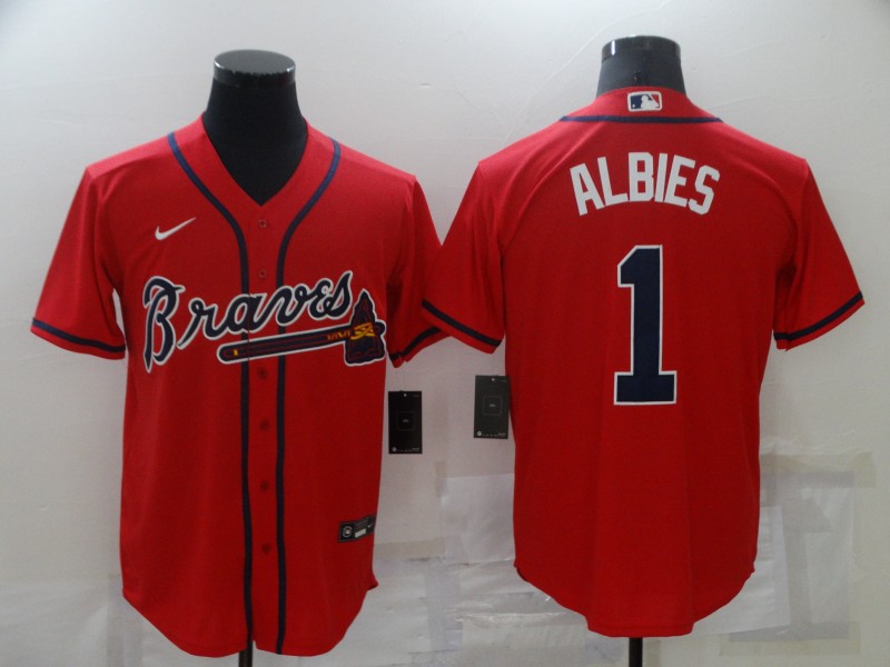 Men's Atlanta Braves Ozzie Albies #1 Navy Red Stitched MLB Cool Base Nike Jersey