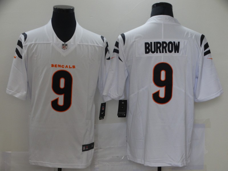 Men's Cincinnati Bengals #9 Joe Burrow 2021 New White Vapor Untouchable Limited Stitched NFL Jersey.