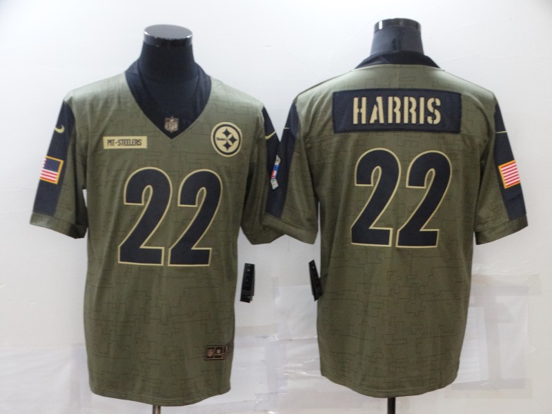 Men's Pittsburgh Steelers #22 Harris  Nike Olive 2021 Salute To Service Limited Player Jersey.